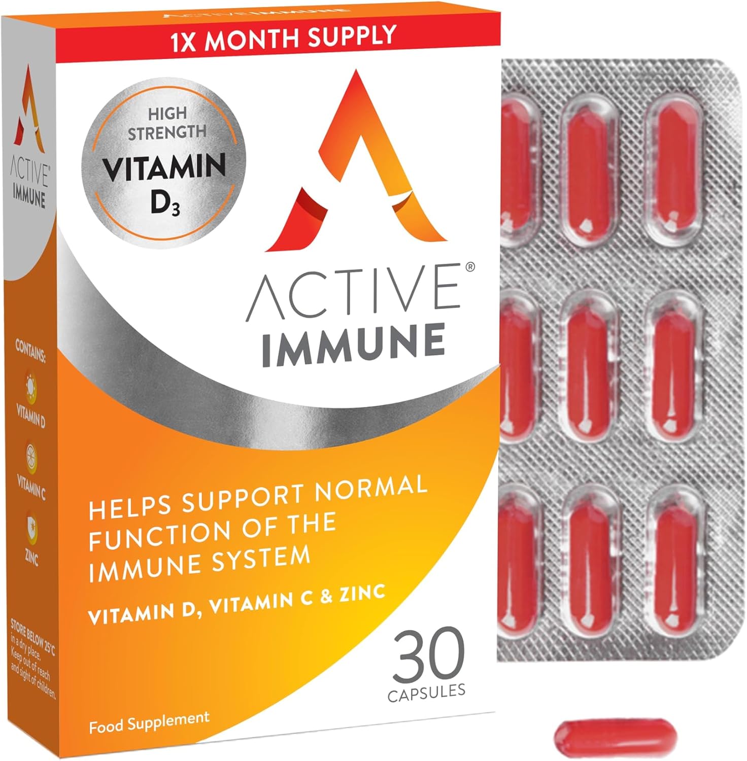 Active Immune, Vitamin D3, C & Zinc, Vegan, Multivitamin Supplement with Zinc 30 Capsules, 1 Month Supply