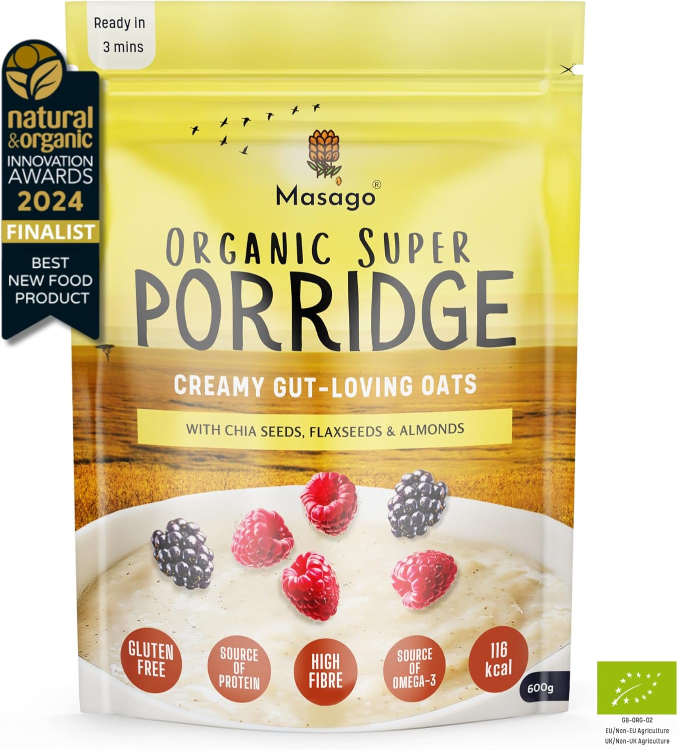 Masago Super Oats - Certified Organic, High Fibre, Gluten Free & Super Creamy - with Chia, Flaxseeds, Almond & Gluten Free Oats, 600g