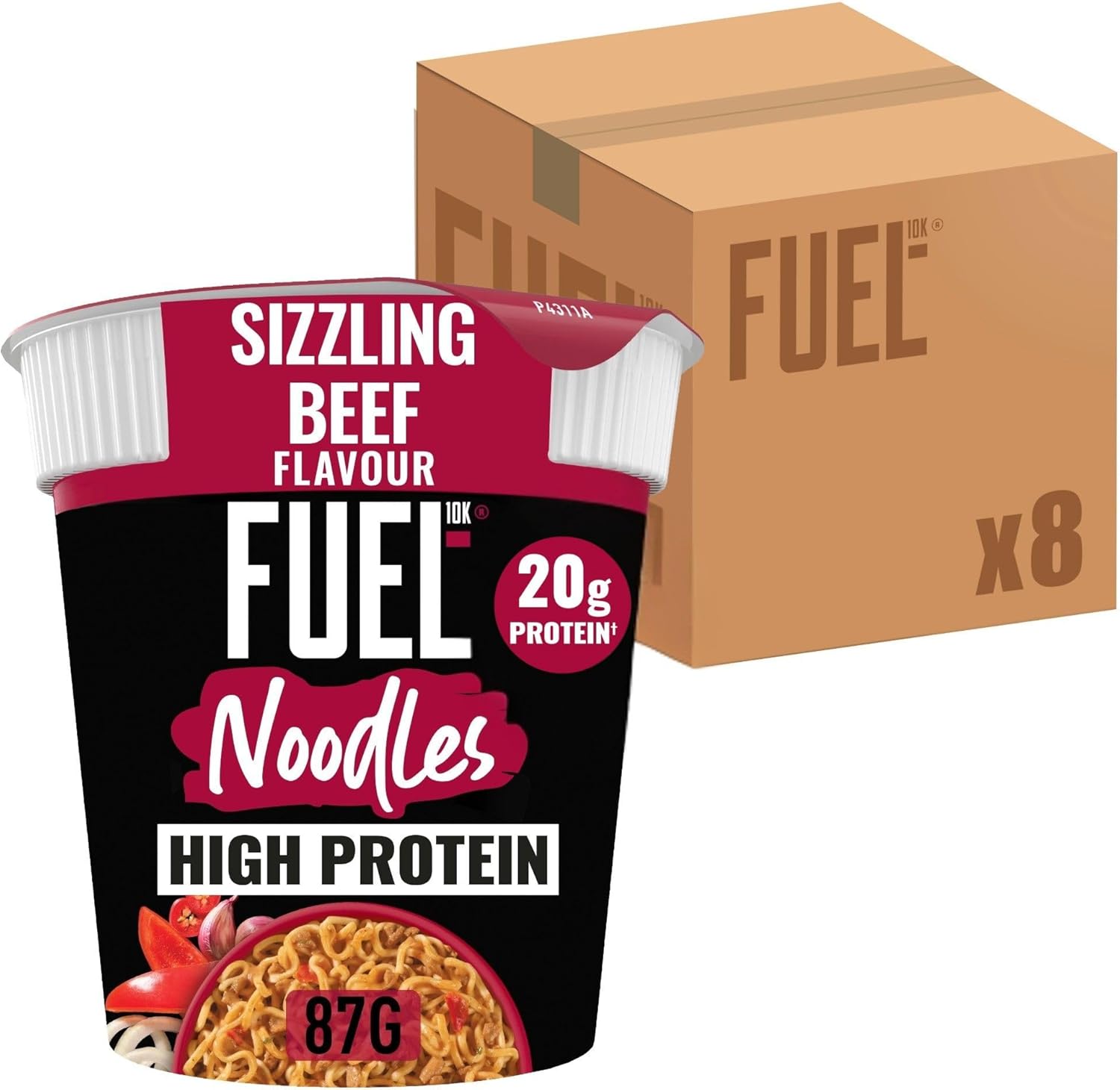 FUEL10K Sizzling Beef High Protein Instant Noodles Snack Pot 87 g (Pack of 8)