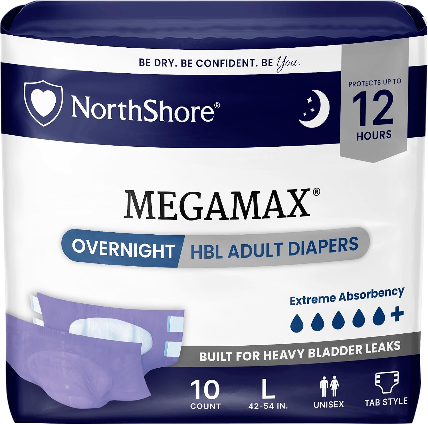 NorthShore MegaMax HBL Adult Diapers with Tabs, Purple, Large, 10 Count