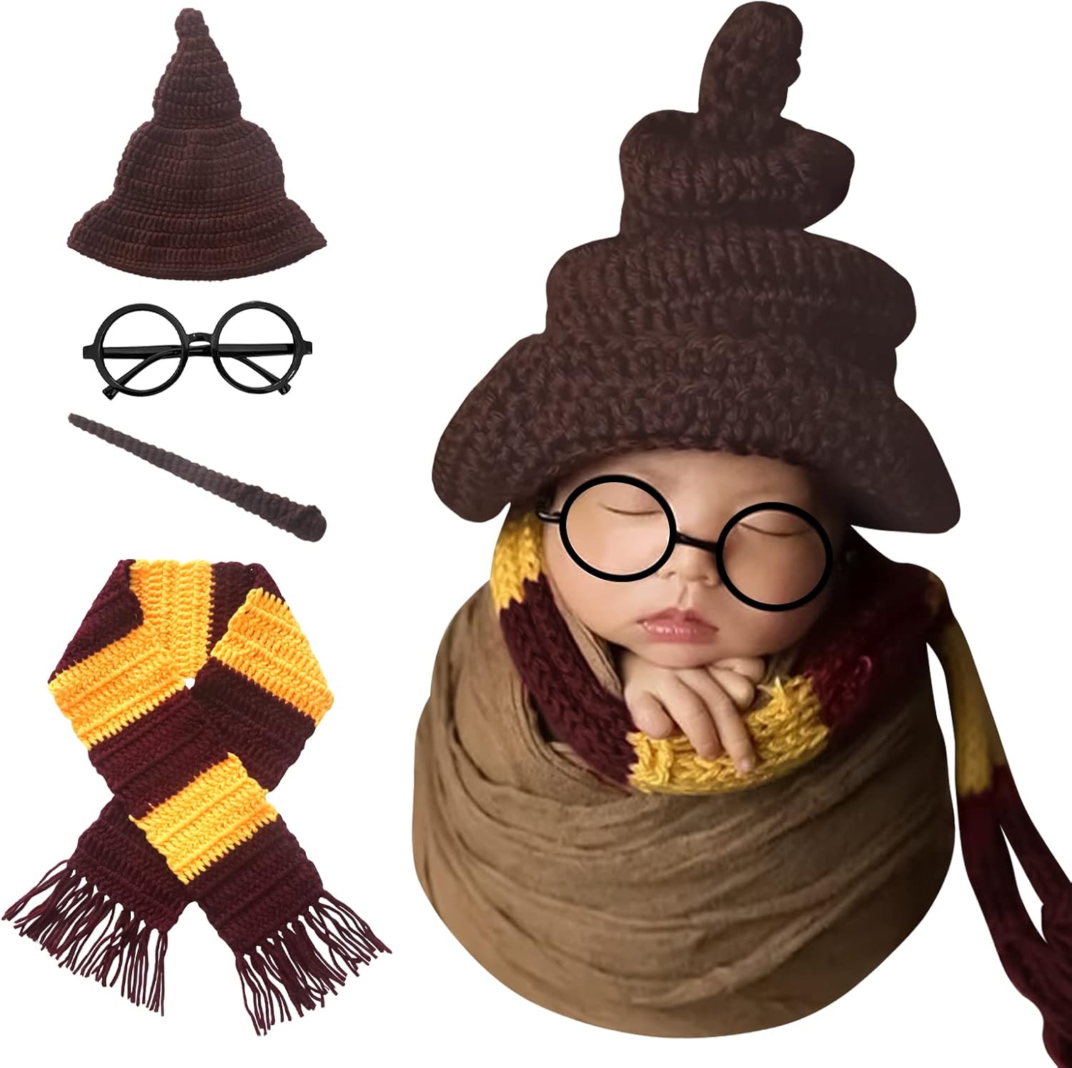 Newborn Photography Props Halloween Wizard Witch Hat Scarf Wand Glasses Frame 4 PCS Set Crochet Baby Photo Prop Halloween Baby Photoshoot Props Halloween Magic Party Cosplay Set