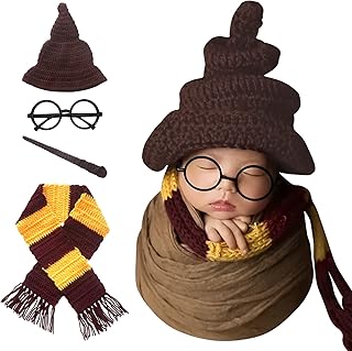 Newborn Photography Props Halloween Wizard Witch Hat Scarf Wand Glasses Frame 4 PCS Set Crochet Baby Photo Prop Halloween Baby Photoshoot Props Halloween Magic Party Cosplay Set