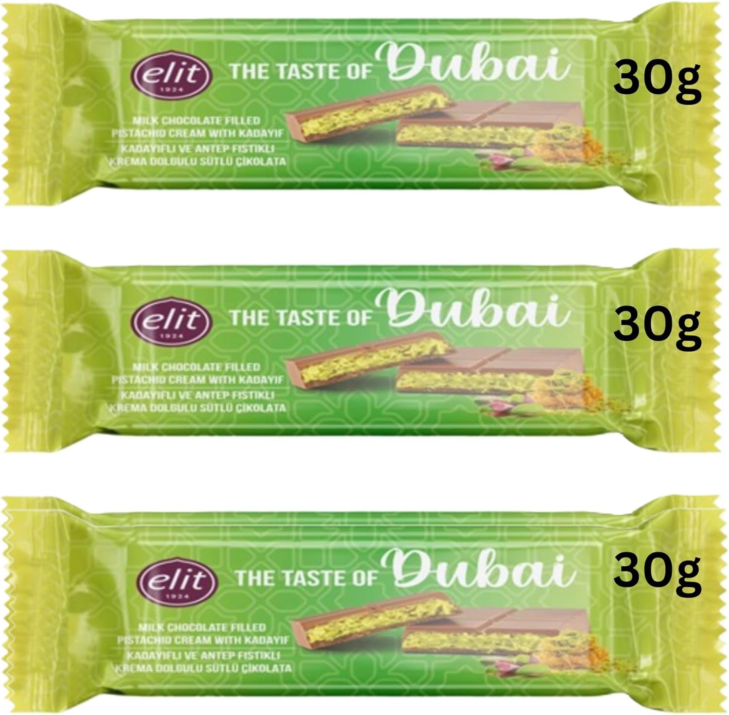 Dubai Chocolate Bar Bundle Containing Elit Dubai Brand, 30g, Pack of 3