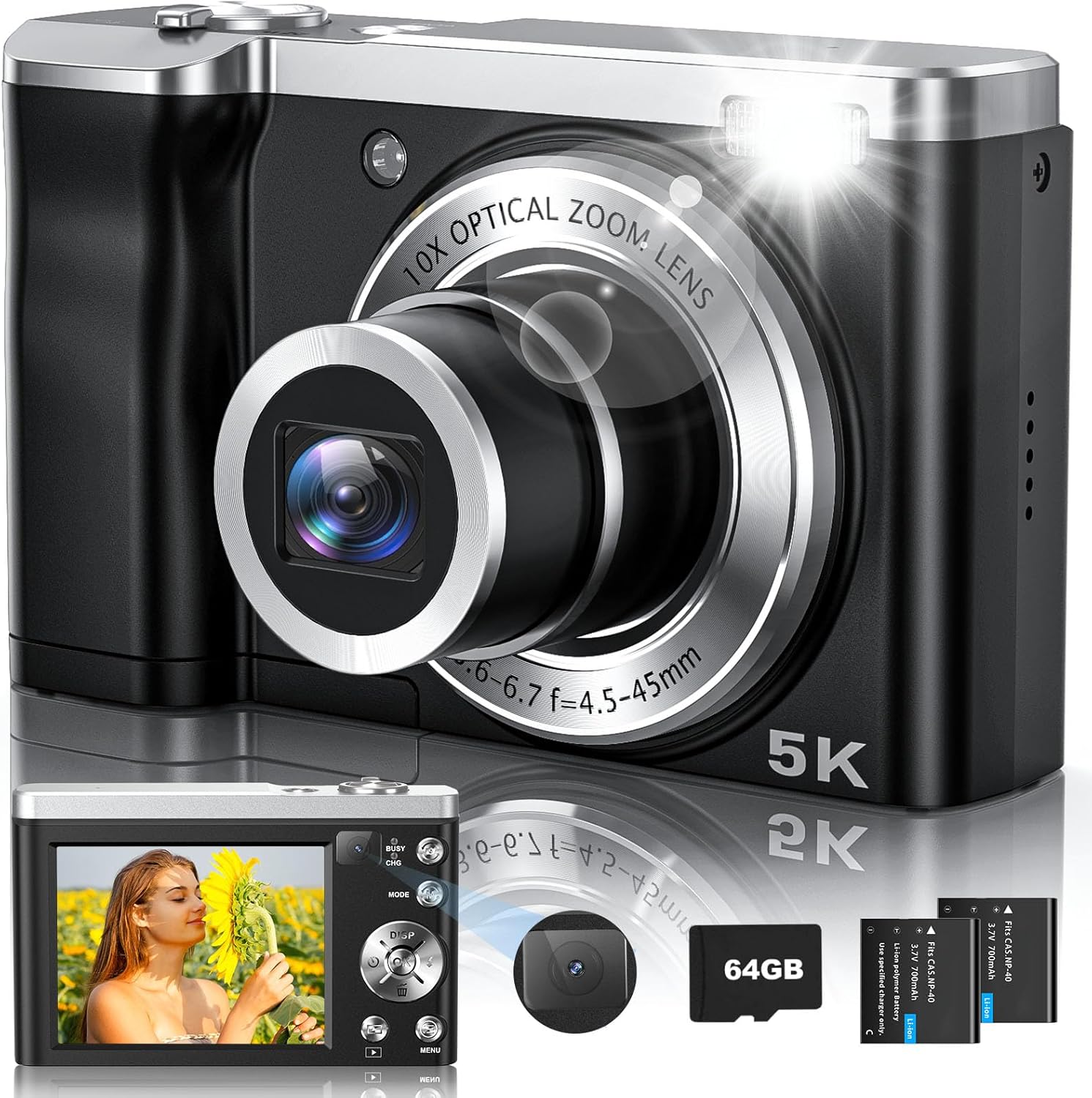 5K Digital Camera,10X Optical Zoom Vlogging Camera with 64GB Card, 56MP Front and Rear Selfie Lens, Flash, Compact Cameras for Photography and Video, 3" Touch Screen & Two Batteries