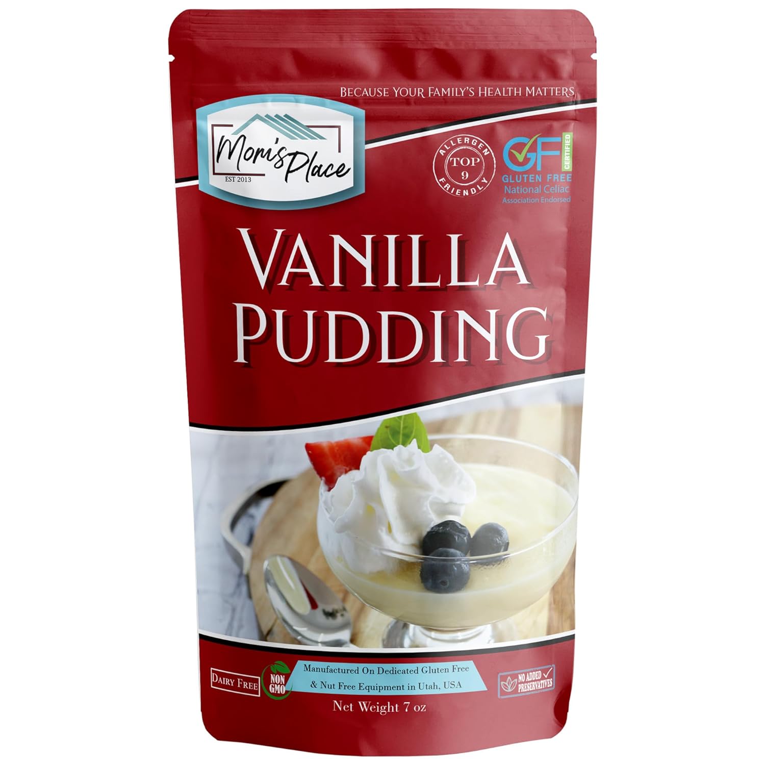 Mom's Place Gluten-Free & Dairy-Free Vanilla Pudding Mix, Creamy Dessert for Pies, Trifles & More, Easy to Make, Non-GMO, Nut Free, Soy Free 7 oz