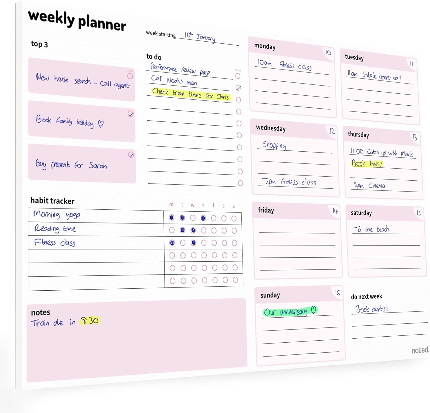 Weekly Planner Pad with daily planning sections - A4 52 sheets 100gsm paper - Undated Calendar Pad with Habit Tracker, To Do, Priority Lists and Notes - For work home and study revision