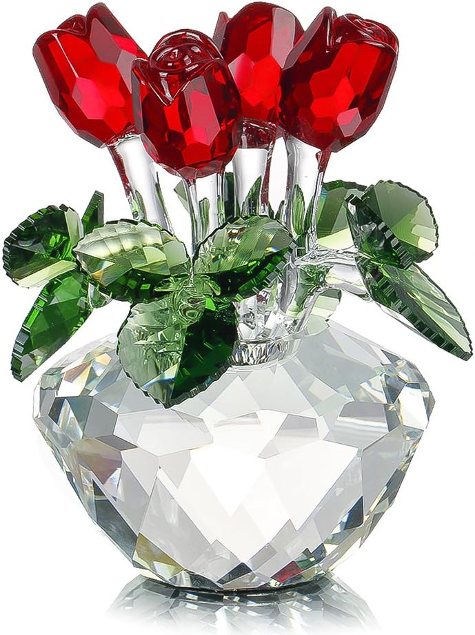 H&D HYALINE & DORA Red Rose Figurine Ornament Spring Bouquet Crystal Glass Flowers Gift-Boxed