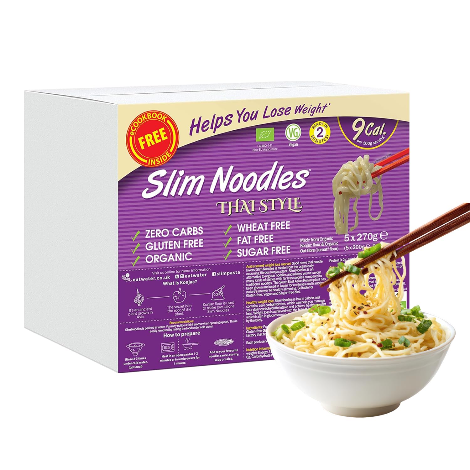 Eat Water Slim Thai Style Noodles Zero Carbohydrate Enviro 5 Pack * 270 Grams | Made from Organic Konjac Flour | Keto Paleo Diet and Vegan | Zero Sugar & Low Calorie Food