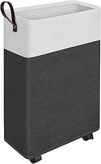 24.4-Inches Rolling Slim Laundry Basket on Wheels, Collapsible & Waterproof Laundry Hamper, Freestanding Narrow Corner Clothes Bins with Easy Carry Handles for Clothes at Home, Grey