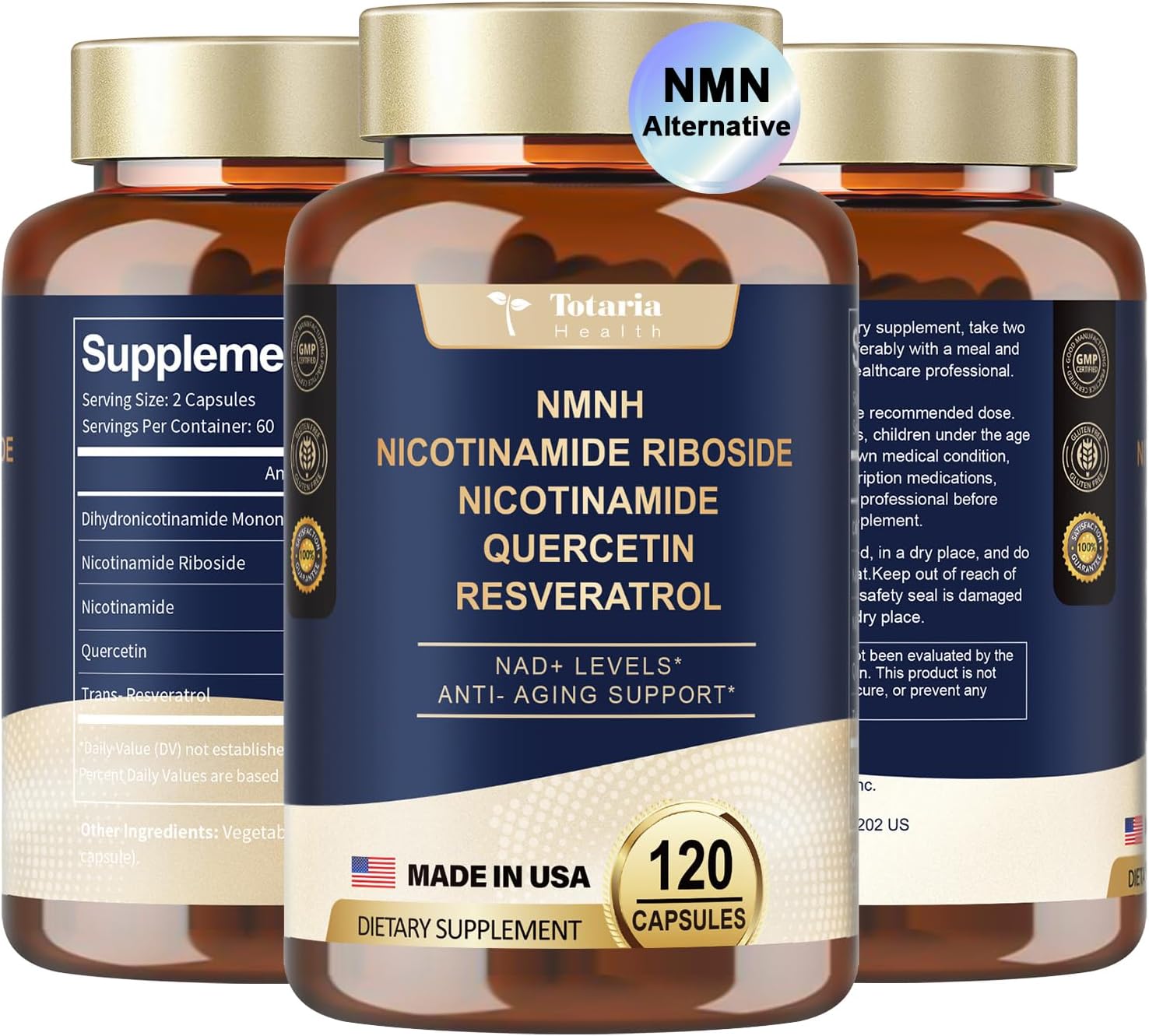 NMNH (Dihydronicotinamide Mononucleotide), NMN Alternative Supplement w/Niacinamide (Vitamin B3), Quercetin, Trans-Resveratrol, Support NAD+, Skin Cell Health*, Anti-Aging & Energy, 120 Caps