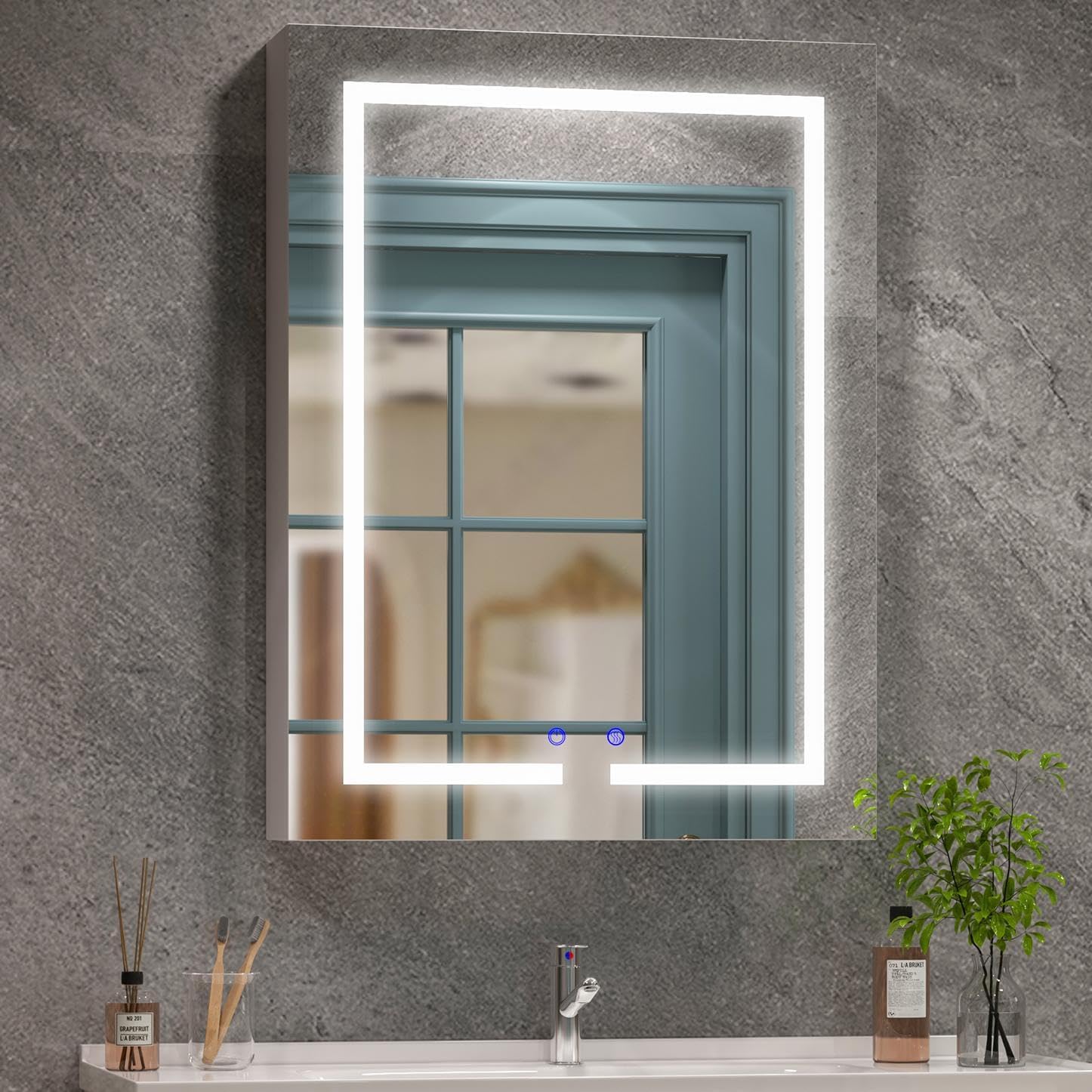 Jooli H LED Bathroom Mirror Cabinet, 600 x 800 mm Illuminated Bathroom Cabinet Mirror with 3 Colors Dimmable Lights, Shaver Socket, Demister Pad and Touch Sensor