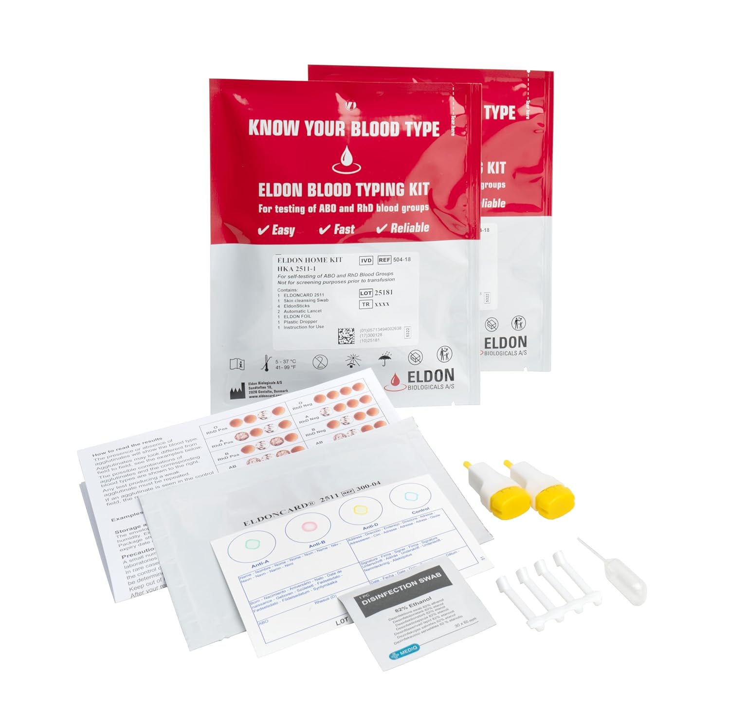 Eldoncard Blood Type Test (Complete Kit) - air sealed envelope, safety lancet, micropipette, cleansing swab by EldonCard