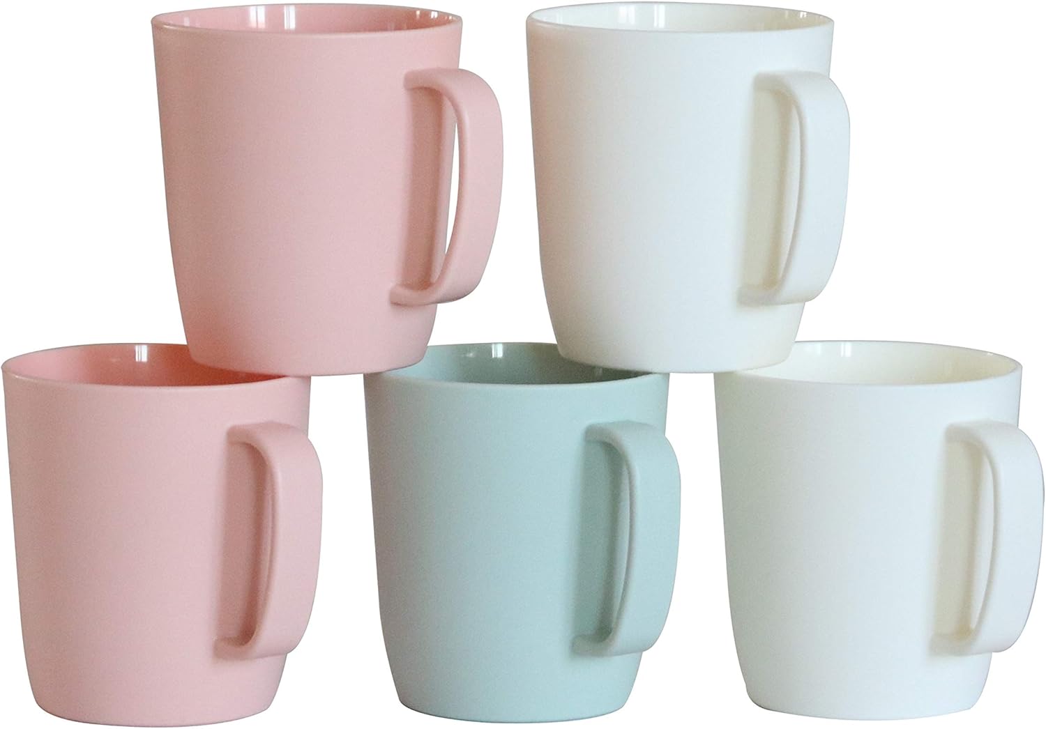 Coffee Mugs Set of 5, 10 Ounce Unbreakable Plastic Cups With Handle, 3 Basic Colors, Dishwasher Safe