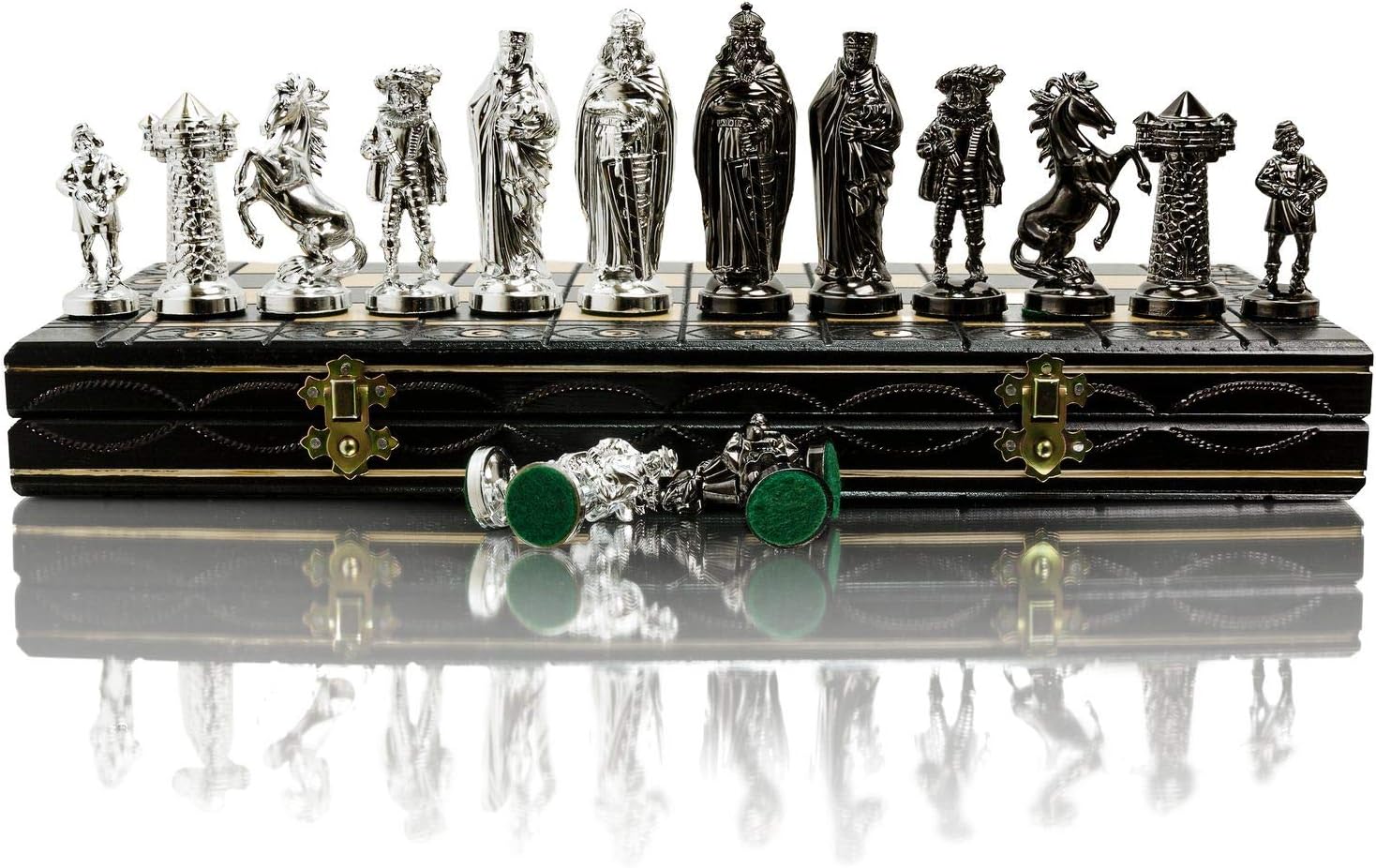 Master of Chess Wooden Chess Set with Pieces 41 cm / 16 in - Large Folding Chess Board Game for Adults and Kids - Chrome-Plated and Weighted Plastic Pieces with Decorations