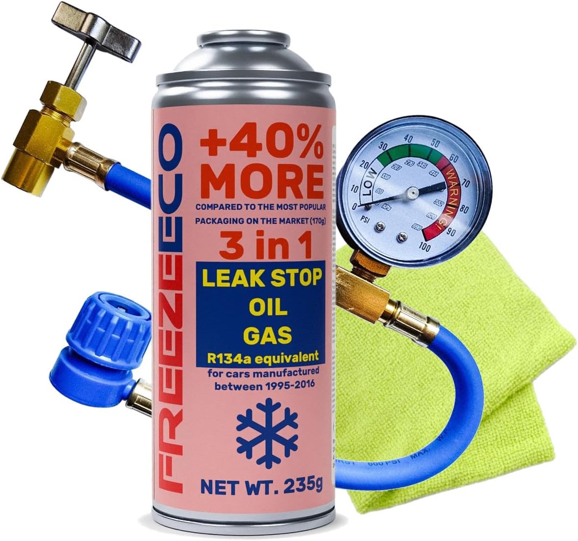 3 in 1 Replacement Refrigerant R134a for Air Conditioners with Oil and Sealant + Hose + Cloth