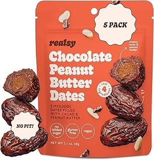 Realsy Pitted & Stuffed Medjool Dates, Organic Dates with No Sugar Added, Gluten-Free, Vegan, Good Source of Fiber, Low Glycemic Index, All Natural Healthy Snack (Peanut Butter Chocolate 5 pack)