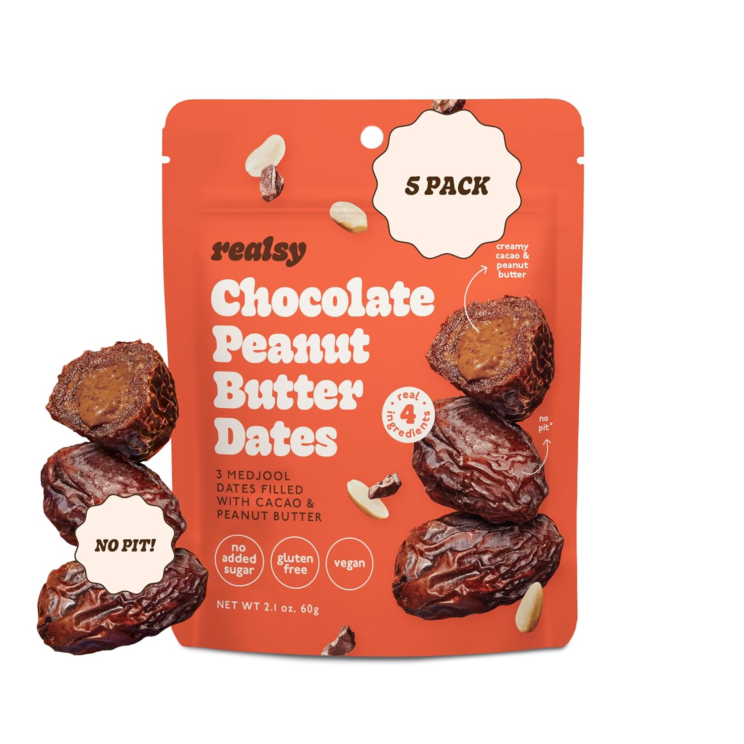 Realsy Pitted & Stuffed Medjool Dates, Organic Dates with No Sugar Added, Gluten-Free, Vegan, Good Source of Fiber, Low Glycemic Index, All Natural Healthy Snack (Peanut Butter Chocolate 5 pack)