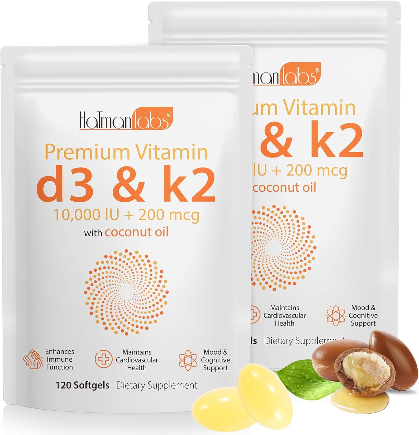 2 Bag Vitamin D3 K2 Supplement Softgel, Vitamin D3 K2 Softgel with 10000 IU Supports Immune, Heart, Teeth & Bone Health, Free of GMO, Gluten, Soy