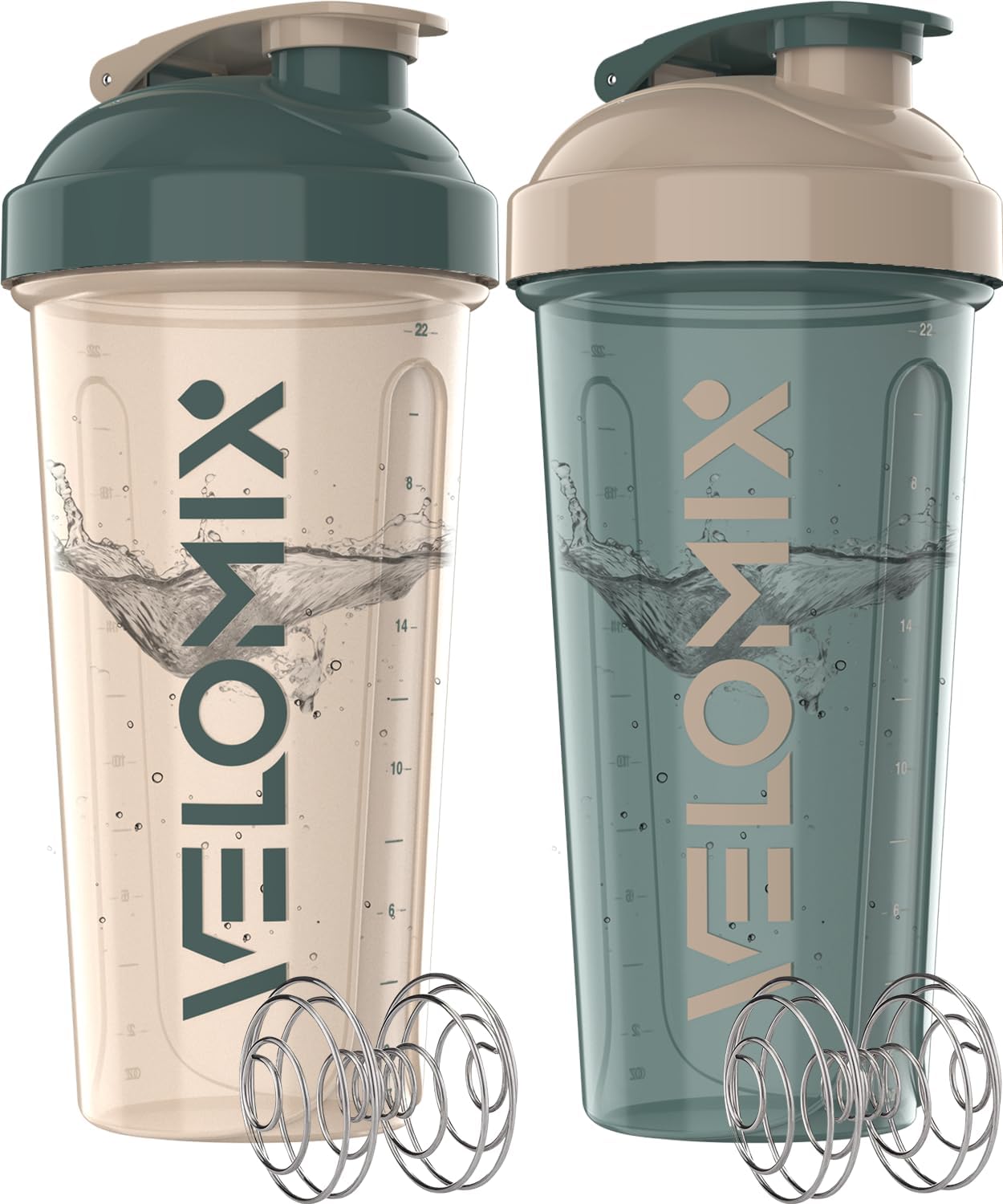 VELOMIX -2 Pack- 28 oz Protein Shaker Bottles for Protein Mixes - 2x Wire Whisk | Leak Proof Shaker Cups for Protein Shakes | Protein Shaker Bottle Pack | Shakers for Protein Shakes-Blue&Beige
