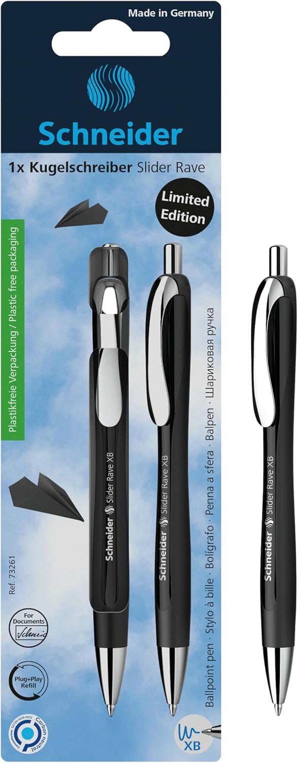 Schneider Limited Edition Slider Rave Black, XB (Extra Broad) Ballpoint Pen, Refillable + Retractable, 1.4 mm, Black Barrel, Blue Ink, Blister Pack of 1 Pen (73261)