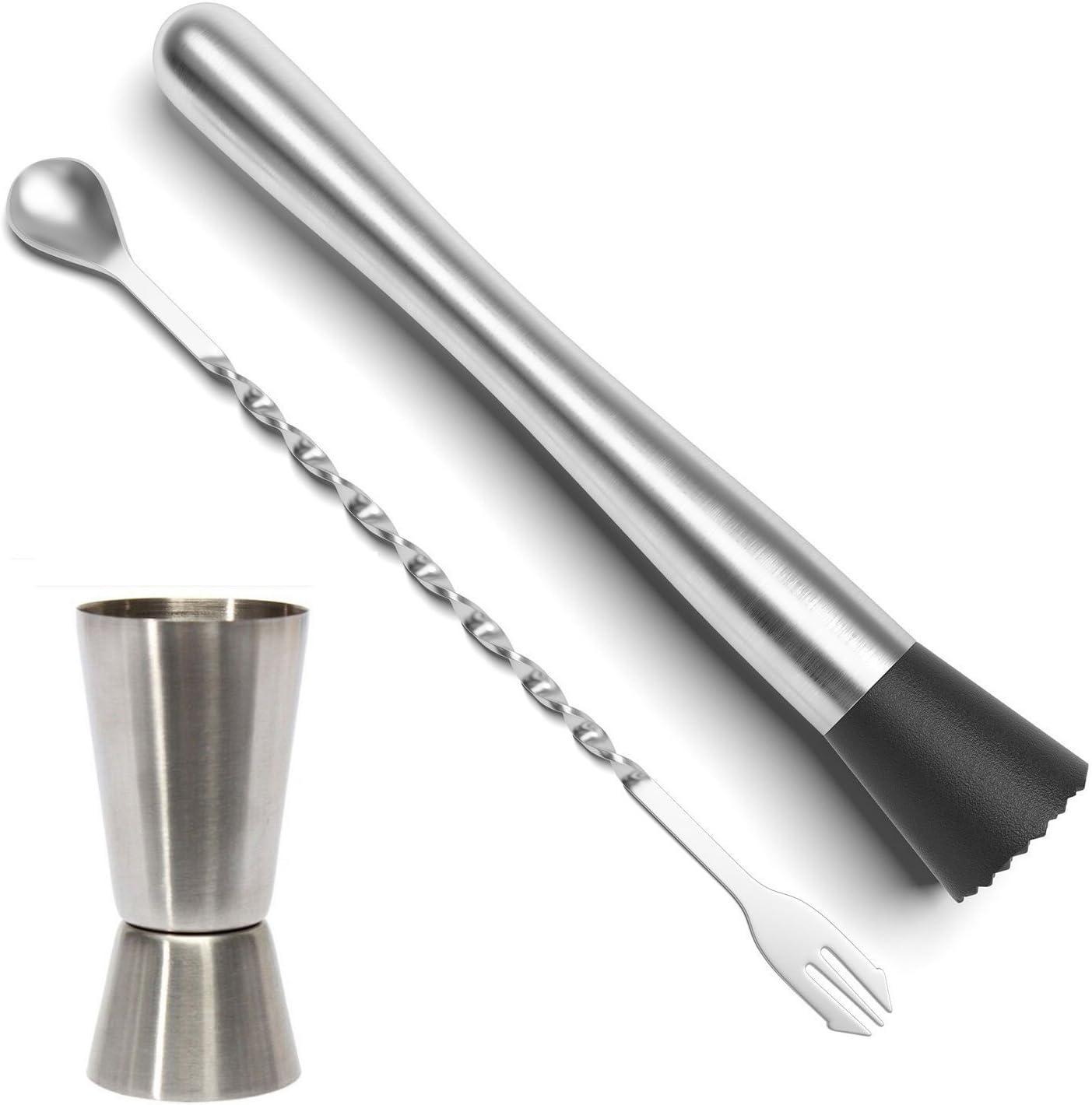 Prettyui - Stainless Steel Cocktail Muddler, Mixing Spoon, Jigger Set, Bar Tool Essentials
