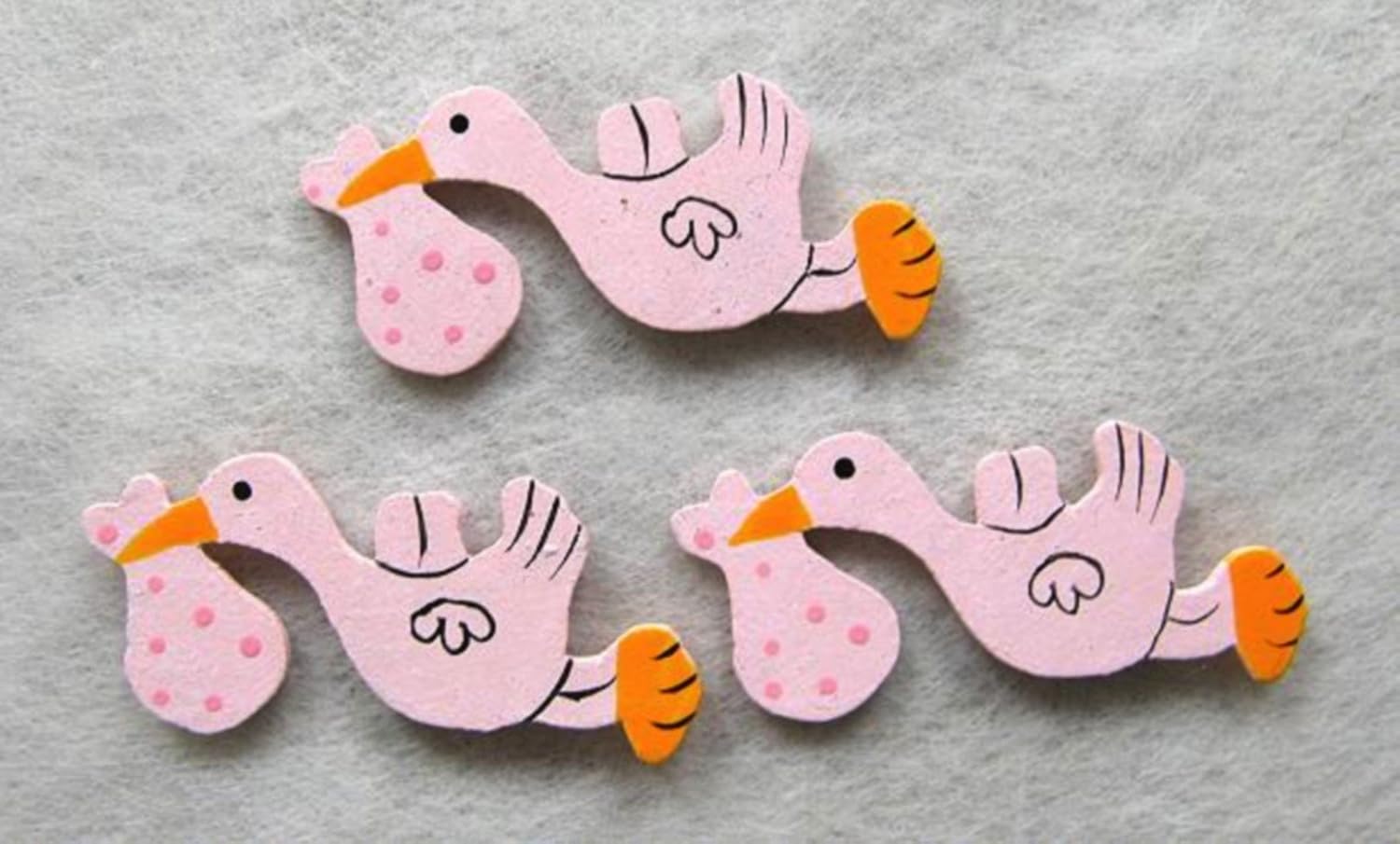 10 Wooden Stork Pink 4 x 3.5 cm. Christening Decoration. Hobi