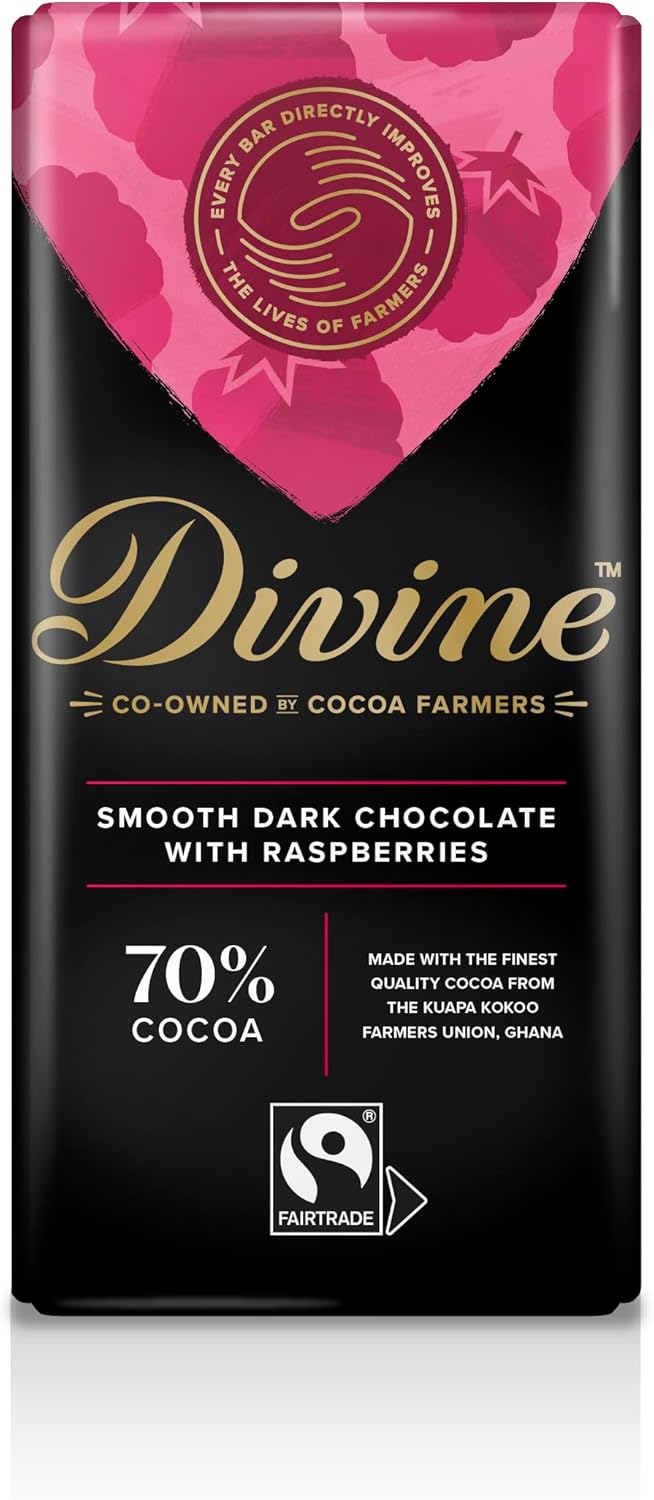 Divine 70% Dark Chocolate with Raspberries, 90 g bar