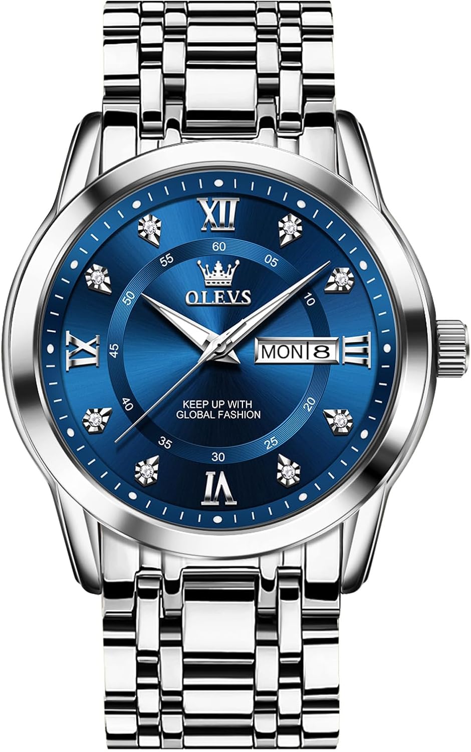 OLEVS Men's Stainless Steel Watch, Large Face Roman Numerals Diamond Accented Three-Hand Analog Quartz Watches for Men, Easy to Read Day Date Waterproof Luminous Mens Wristwatch