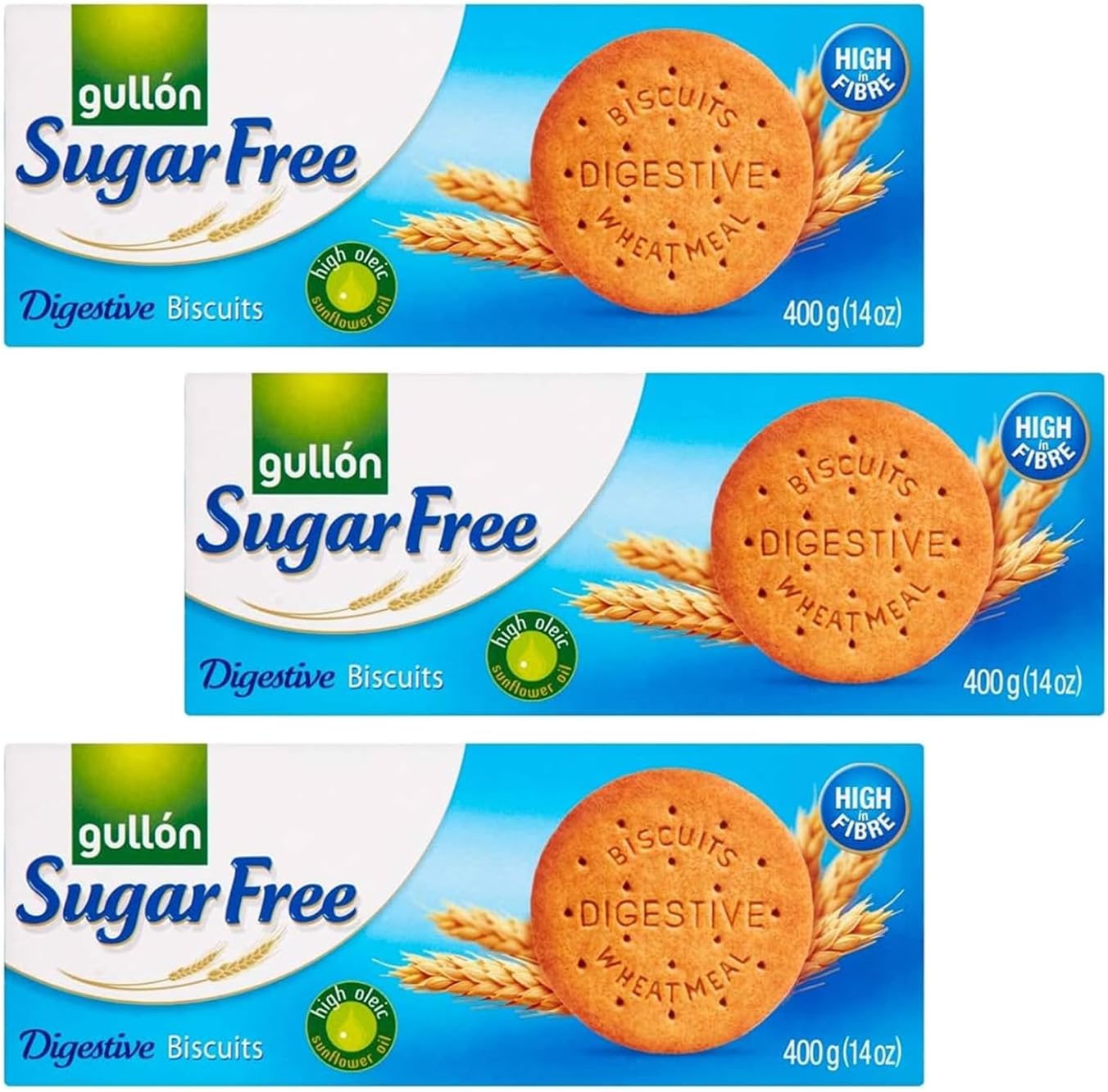 Gullon Sugar Free Digestive Biscuits 400g | Whole Grain Wheat Meal | Healthy and Delicious Breakfast Snack Biscuits | Product From Spain | High in Fiber (Original Digestives 400g, 3 Pack)