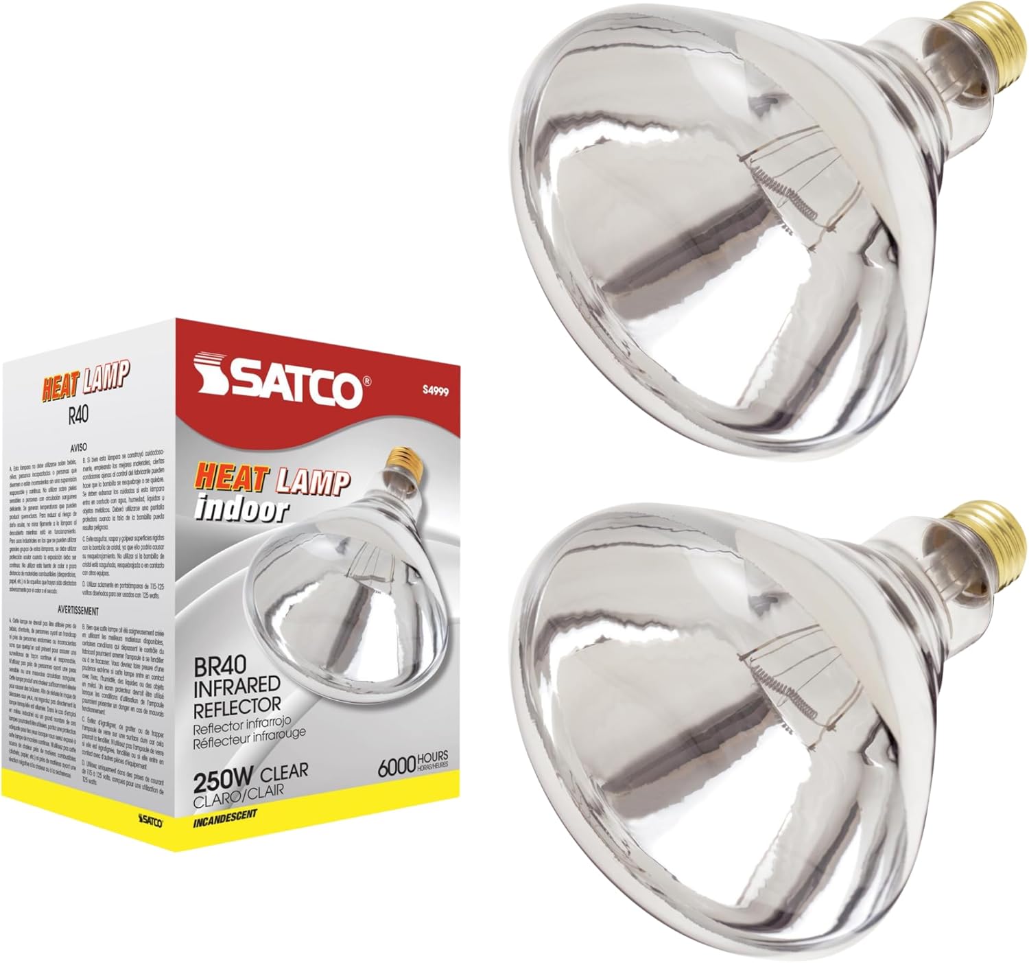 Satco 250W R40 Heat Lamp Bulb – Clear Finish, Incandescent Reflector, Medium E26 Base, 2700K Warm White, 120V, Dimmable, 6000 Hour Life – CSAus Listed (2 Pack)