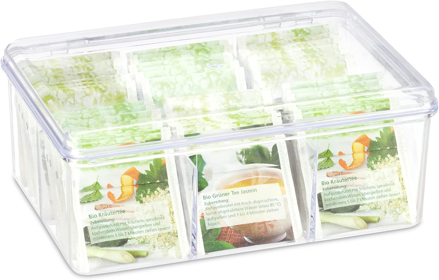 Relaxdays 10027797 Tea Box, 6 Compartments, 90 Teabags with Hinged Lid, Flavour-Preserving, HxWxD 9 x 21.5 x 14.5 cm, Transparent, PS