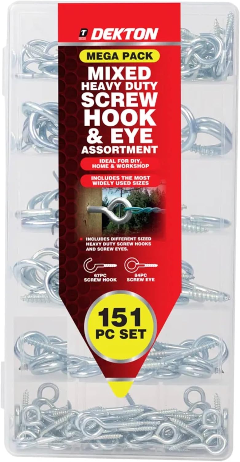Dekton 151pcs Hook Assortment Set-Multi-Purpose Hooks for Hanging & Organizing| Includes Cup Hooks, Screw Eyes, S-Hooks, Ceiling Hooks etc| Durable Metal Construction| Ideal for Home, Garage, Workshop