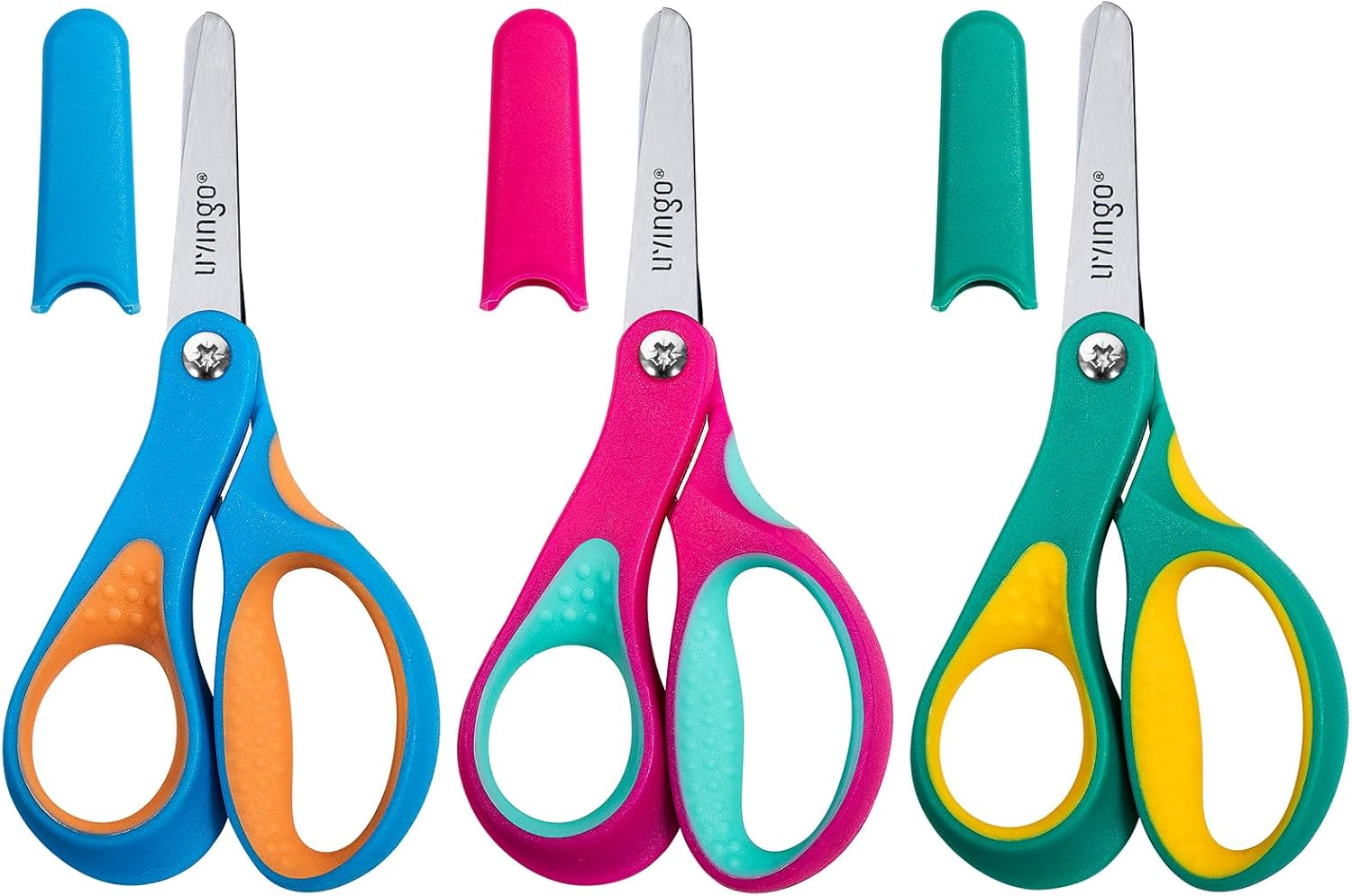 LIVINGO Left Handed Kids Scissors: Blunt Tip Safety Lefty Toddler Child Scissors for School Craft Cutting Paper - 3 Pack 5 inches Comfort Grip Green, Rose Pink, Blue