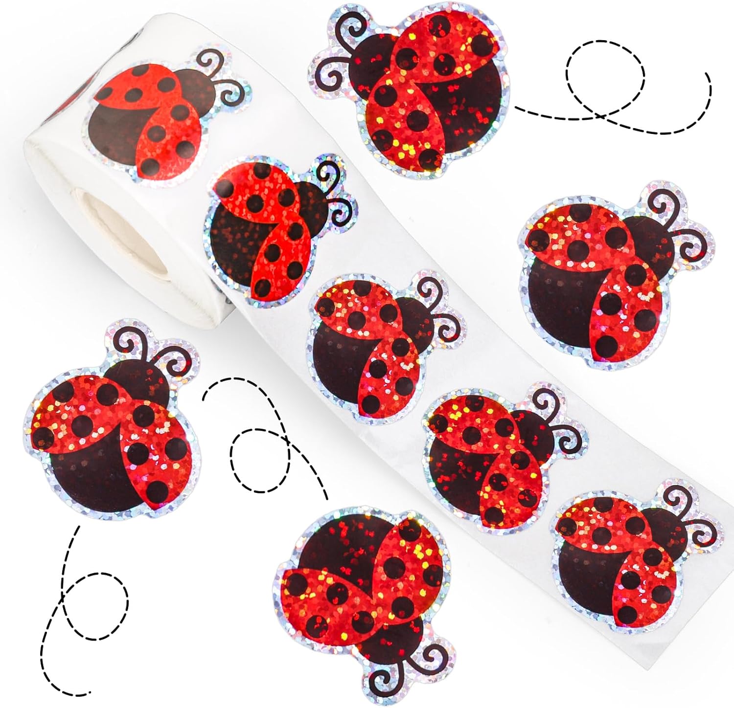 Whaline Spring Ladybug Stickers Roll Laser Red Ladybird Seal Stickers Cute Cartoon Reward Waterproof Self-Adhesive Decals for Scrapbook Journal Birthday Party Classroom, 500 Pcs
