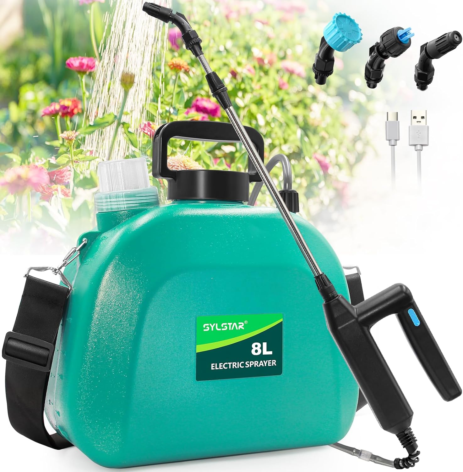 SYLSTAR Battery Powered Garden Sprayer 8L, Upgrade Electric Weed Sprayer with 3 Mist Nozzles, USB Rechargeable Handle, Retractable Wand and Adjustable Shoulder Strap, Water Spray for Lawn