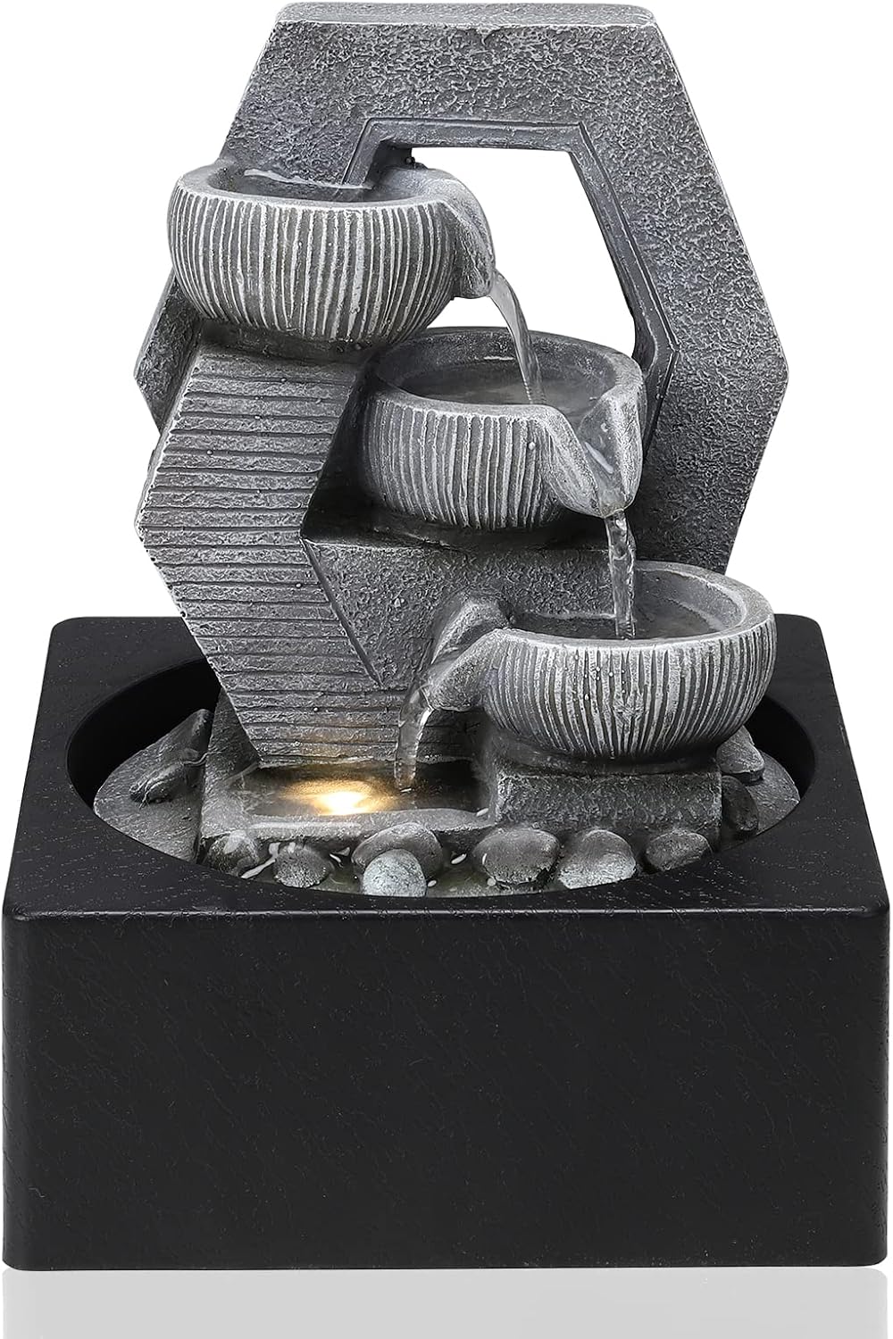 BTGGG Indoor Fountains with LED Light Indoor Water Features 18 * 18 * 24CM Desktop Waterfall Fountain for Meditation Relaxation, 3 Pin UK Plug Included