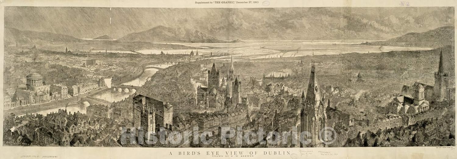 Historical Map, 1890 A Bird's Eye View of Dublin, Vintage Wall Art : 67in x 24in