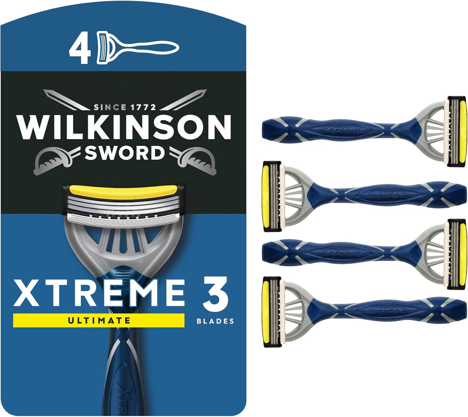 Wilkinson Sword Xtreme 3 Ultimate Men's Disposable Razors, Ultimate Addition to Wash Bags for Men's Grooming, Great Shavers for Routine Shaving, 4 Pack