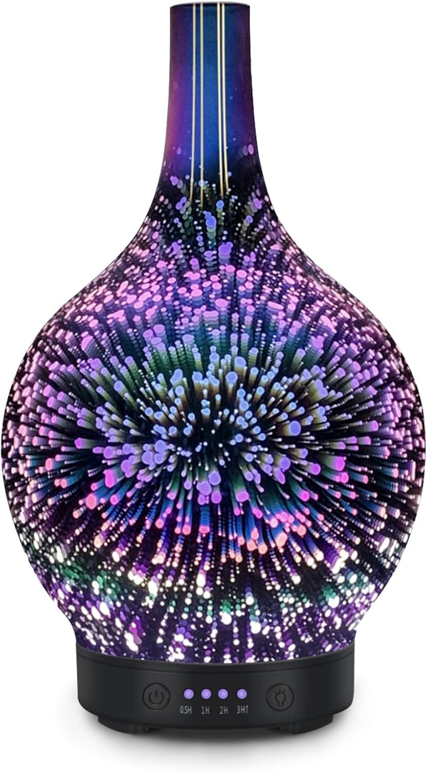 Essential Oil Diffuser Glass Aromatherapy Electric Ultrasonic Cool Mist Aroma Diffuser Scented Oil 3D Firework Diffusers, Whisper Quiet Waterless Auto Shut-Off for Home Office SPA Yoga 120ml