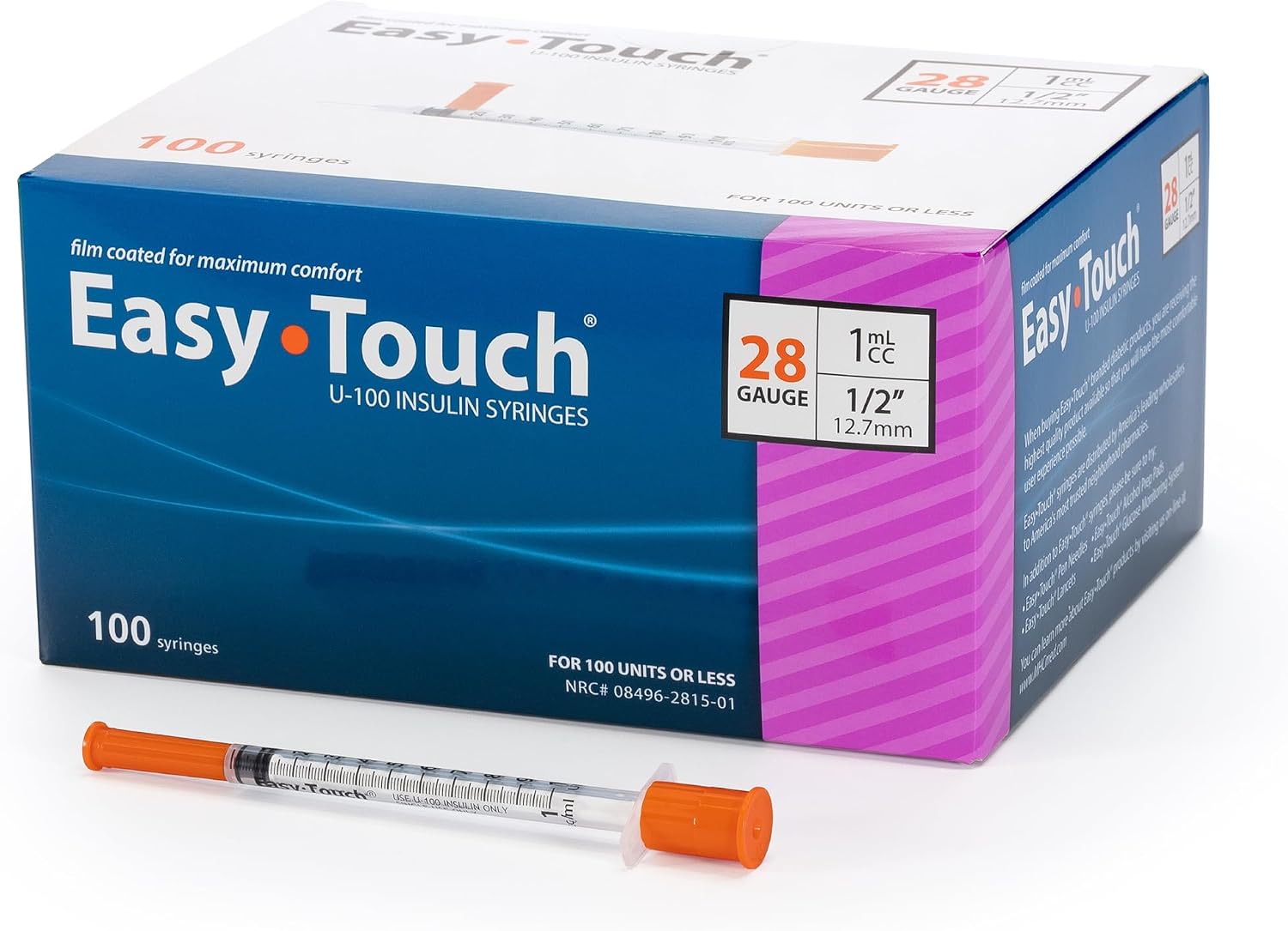 Easy Touch 28 Gauge U-100 Insulin Syringes (28G 1cc 1/2”) with 1/2” Long Needle, 1cc (100 Unit Capacity), Bold Markings for Accurate Dosing, Disposable, Box of 100