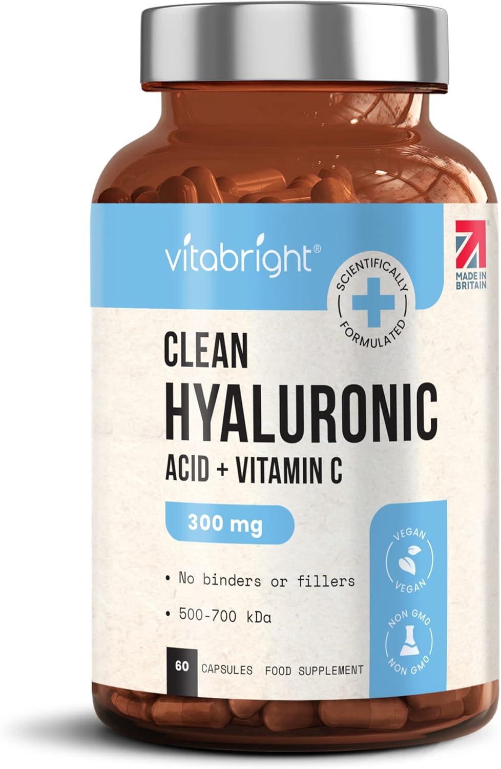 VitaBright Hyaluronic Acid Supplements | 300mg | Sodium Hyaluronate with Vitamin C | Pure Hyaluronic Acid Powder in Veggie Capsules | High Strength Tablets | Nutritional Supplements Made in Britain