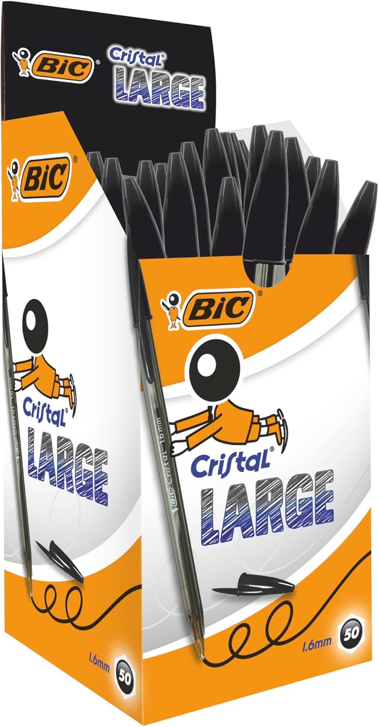 BIC Cristal Large Ballpoint Pens, Every-Day Biro Pens with Wide Point (1.6 mm), Ideal for School, Black Ink, Pack of 50