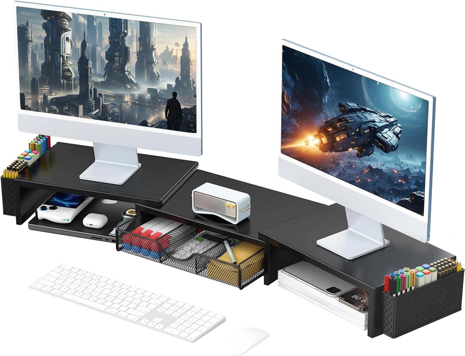 gianotter Dual Monitor Stand Riser, Desk Organizer With Drawer and 2 Pen Holders, Computer Monitor Stand, Desk Shelf for Top of Desk, Balck