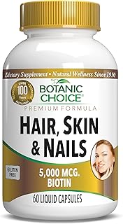 Botanic Choice Hair Skin and Nails Vitamins - Biotin Supplement with Collagen, Vitamin C, & Iron - Super Antioxidant Blend with Argan Oil & Hyaluronic Acid - 60 Liquid Capsules