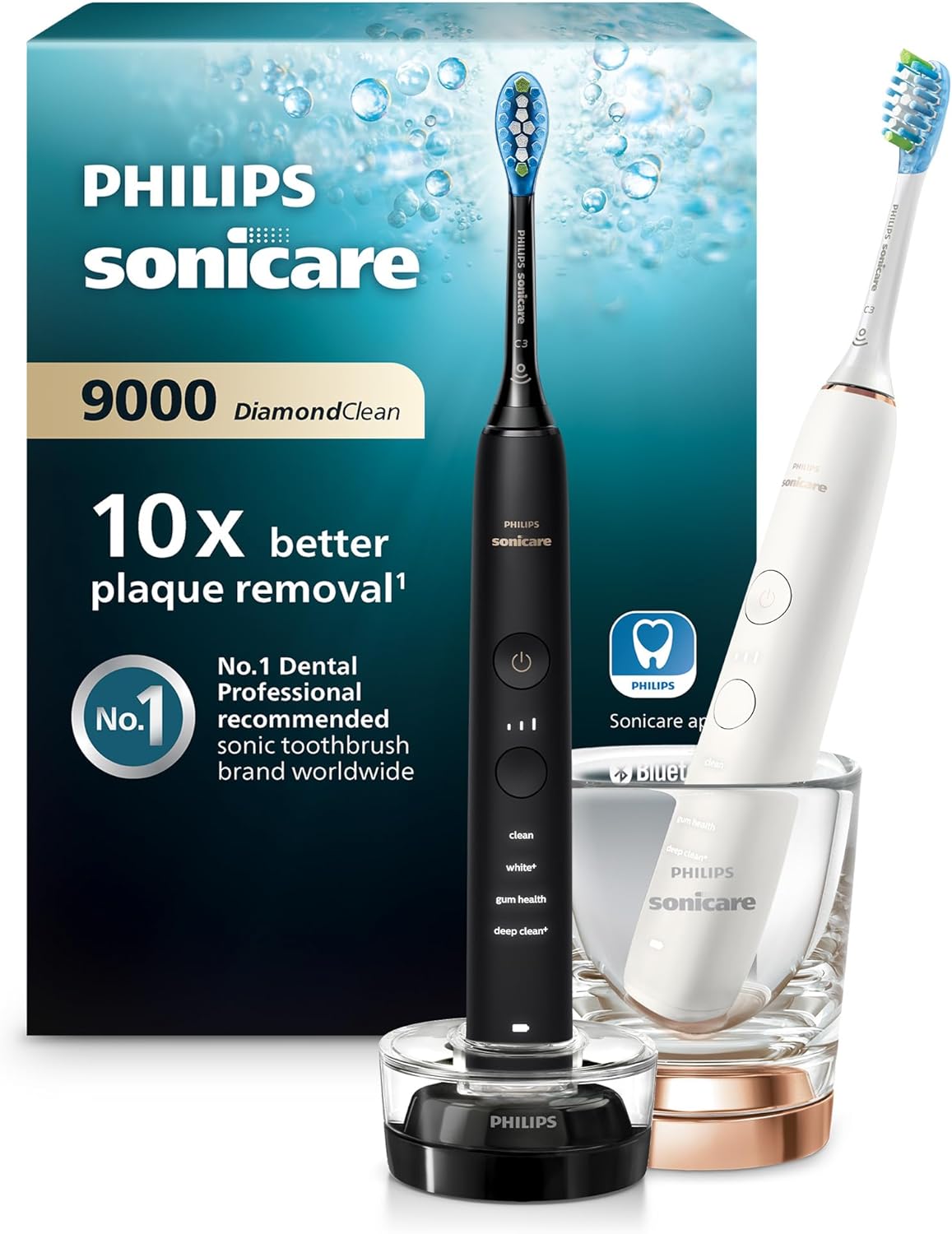 Philips Sonicare DiamondClean 9000 Electric Toothbrush, Sonic Toothbrush with App, Pressure Sensor, 4 Brushing Modes, 3 Intensity Levels, Charging Glass, Black & Rosegold, Dual Pack, Model HX9914/57