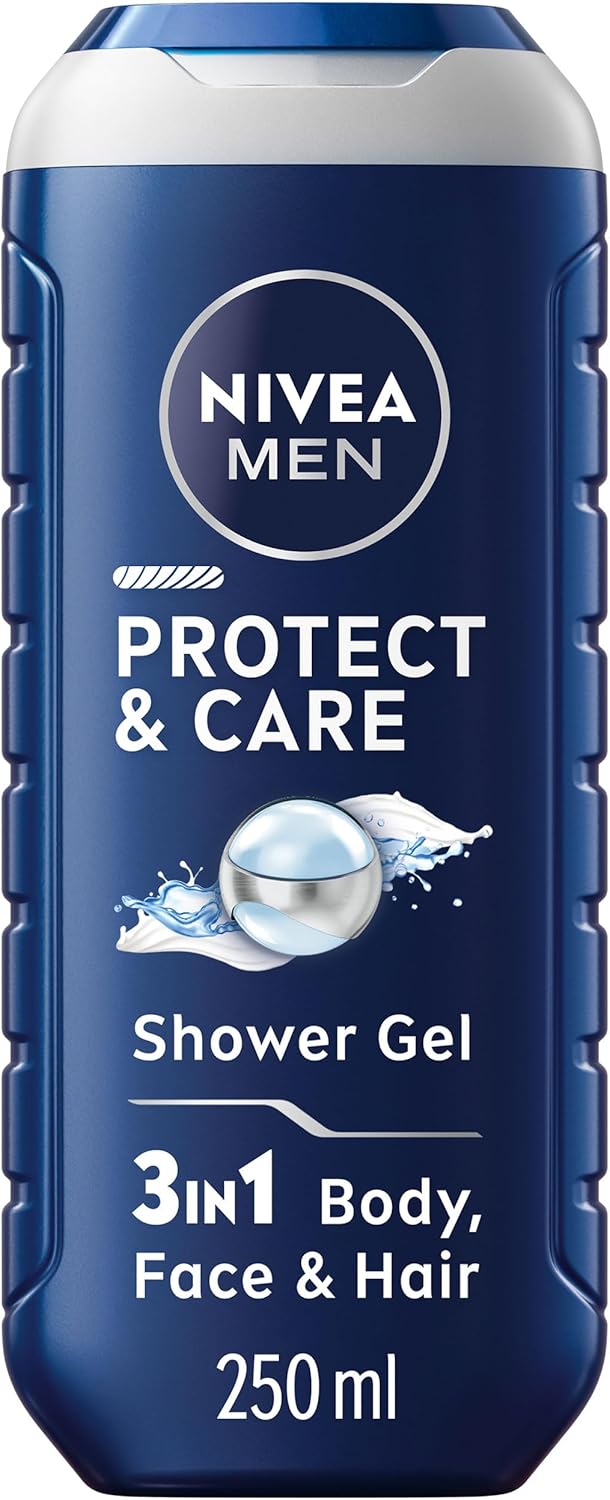 NIVEA MEN Protect & Care Shower Gel (250 ml), Moisturising 3-in-1 Body Wash for Men with Aloe Vera, Energising NIVEA MEN Shower Gel