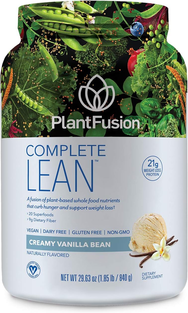 PlantFusion Complete Lean Plant Based Protein Powder - Prebiotic Fiber, Superfoods & Digestive Enzymes - Vegan, Gluten Free, Soy Free, Non-GMO - Vanilla 1.85 lb