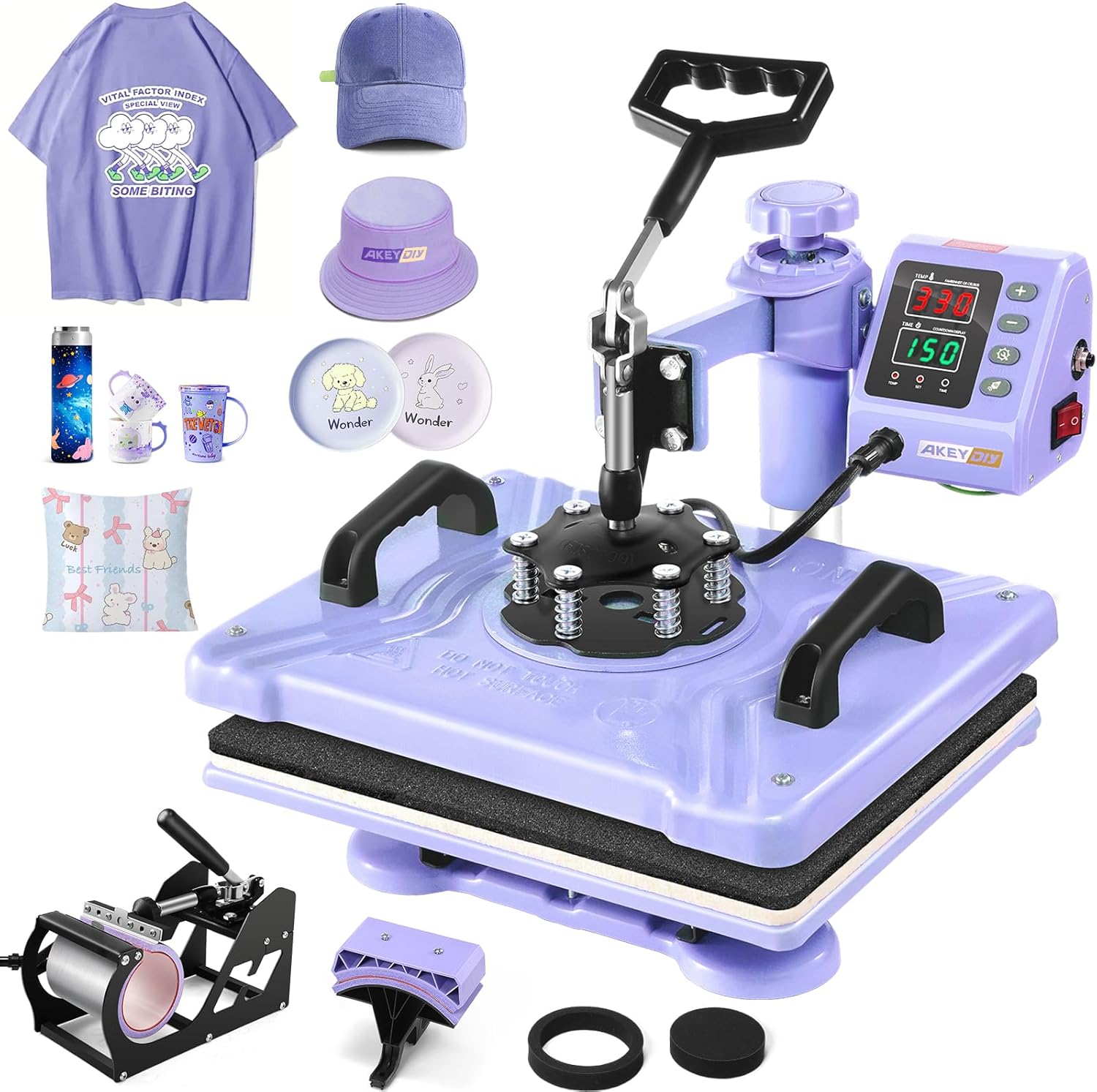AKEYDIY Upgraded 5 in 1 Heat Press Machine for Tshirts 12X15 Inch, 360° Swing Away Shirt Press Machine for Sublimation, Multifunctional Heat Transfer Machine Combo for Shirts (Purple-5 in 1)