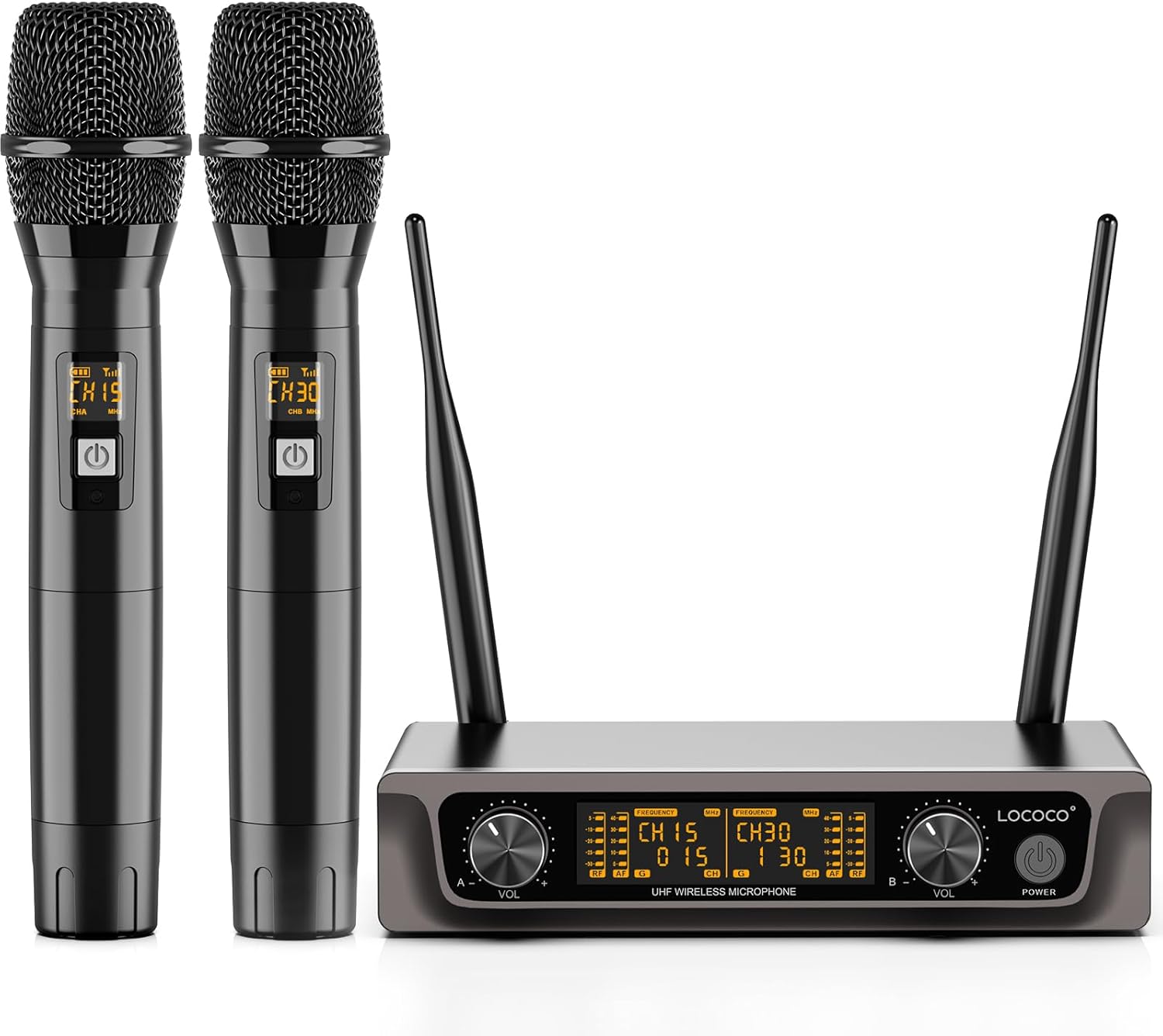 Lococo Wireless Handheld Microphone Karaoke System: Professional UHF Metal Dual Cordless Dynamic Mic Set - Long Transmission Range 200ft with Receiver for Home KTV, DJ Party, Church, Wedding, Meeting