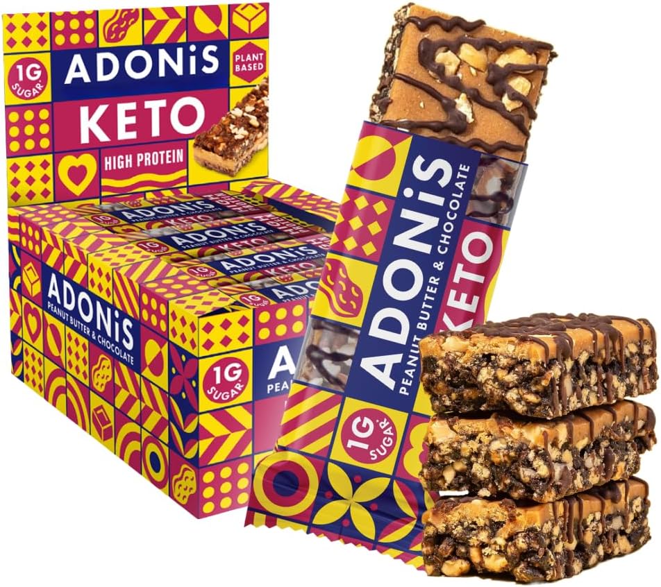 Adonis Peanut Butter & Chocolate High Protein Keto Bars (16x45g) | Vegan & Keto-Friendly | Natural Keto Snacks | Sugar Free, Palm Oil Free | Low Sugar, Low Calorie, Low Carb | Ideal for a Keto Diet